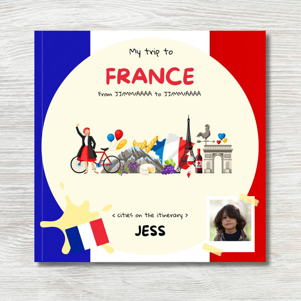France personalized travel book for kids, cover with the child's name and photo