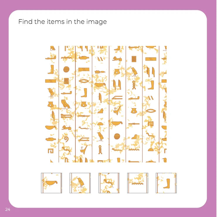 Egypt book game: find the hieroglyphs in the picture