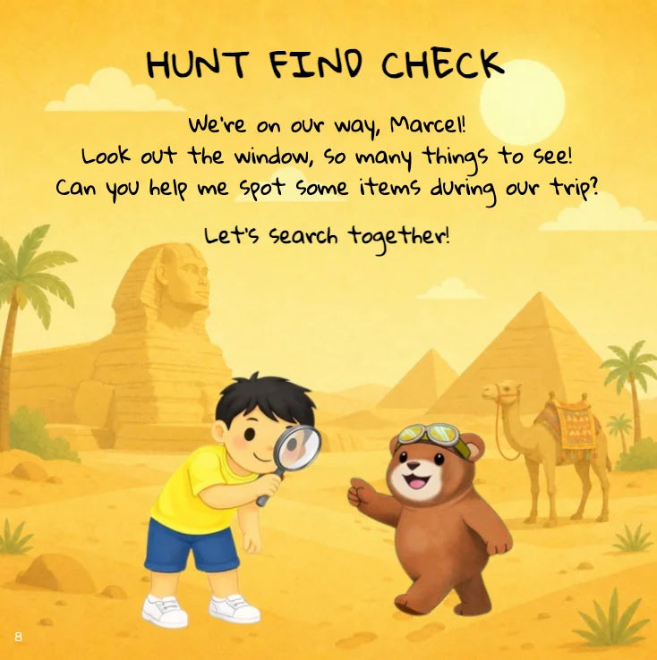 Egypt book page “Hunt, Find, Check”: a boy with a magnifying glass and his teddy bear in front of the Sphinx and the pyramids