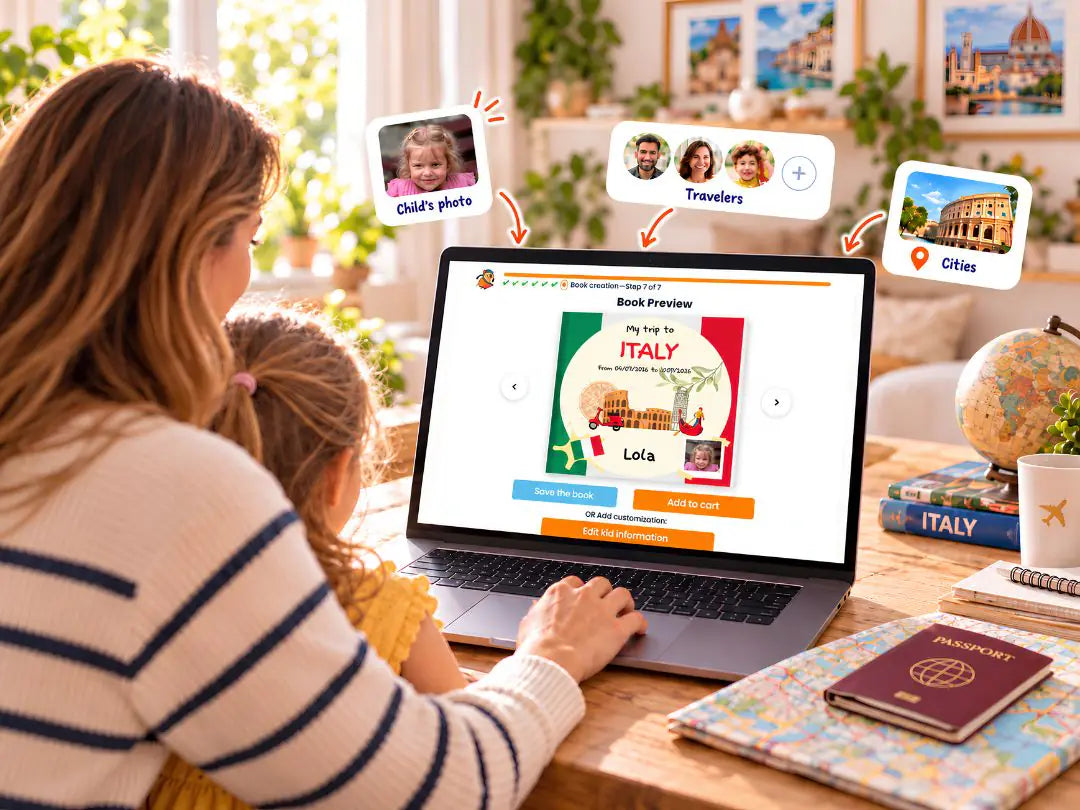 A mother and her daughter previewing their personalized Italy book on a laptop