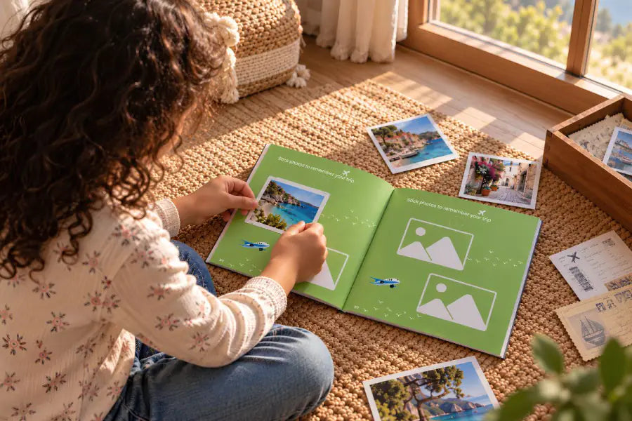 A girl sticking her trip photos into her travel book