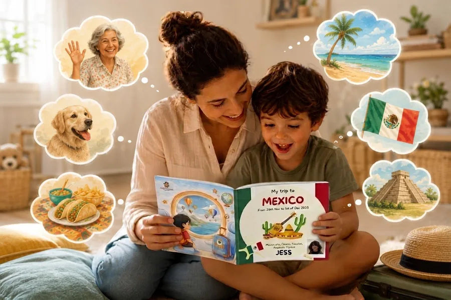 A mother and her son discovering the Mexico book together before the trip