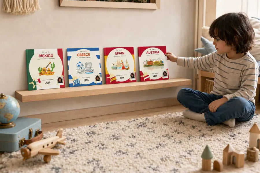 Child sitting next to a row of Mini Travel Books from several countries