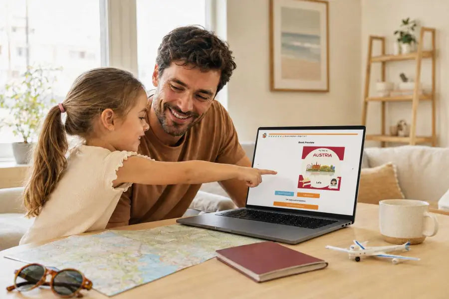 A father and his daughter personalizing the book on a laptop