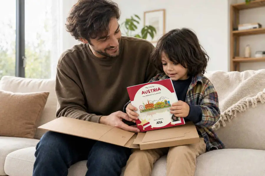 A father and his son unboxing their Austria book