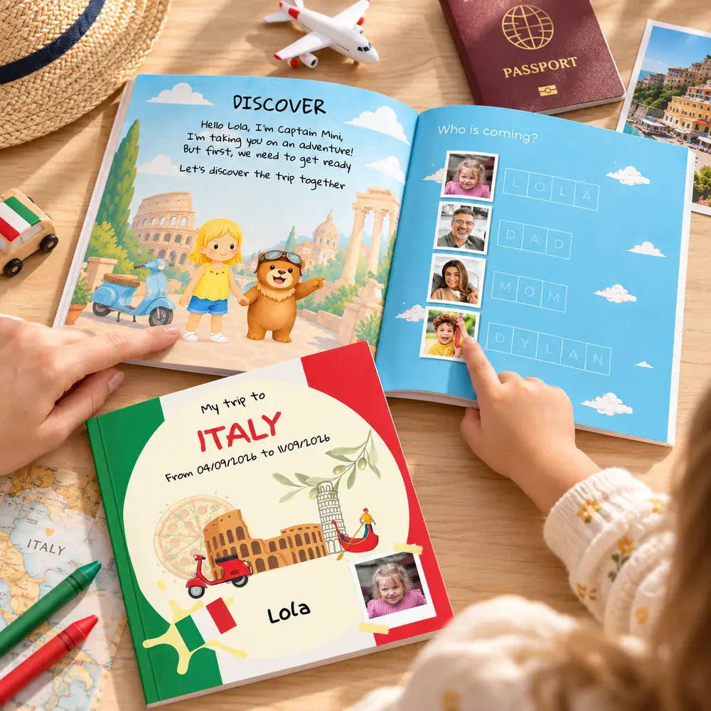 Child browsing their personalized Italy travel book, with their name and photo on the cover