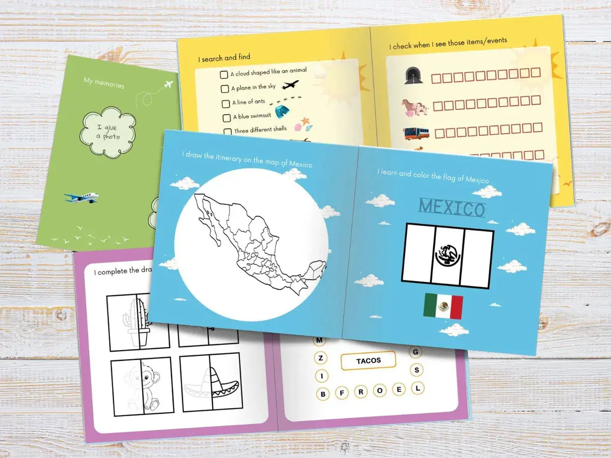 Activity pages from the Mexico book: map, flag to color and games