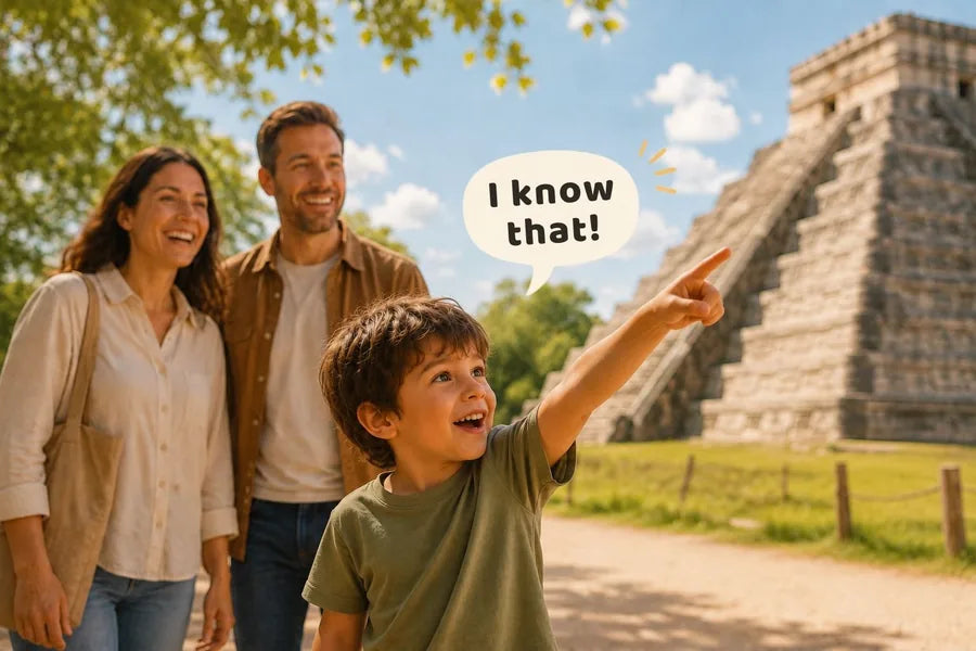 A boy points at a Mayan pyramid he recognizes from his book