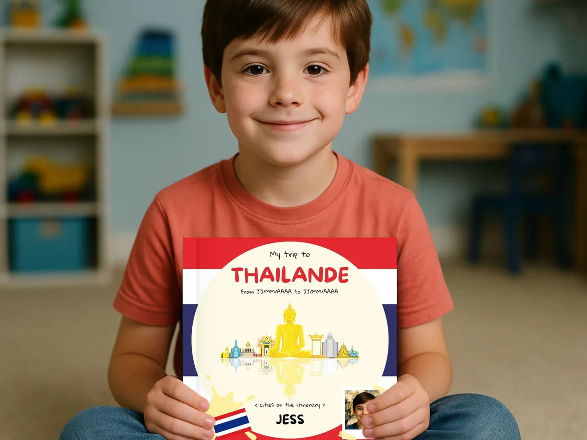 Smiling boy holding his personalized Thailand book with his name on it